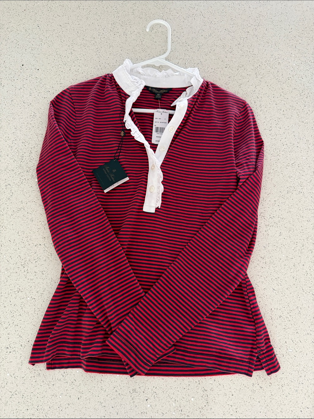Brooks Brothers - Striped Ruffle-Trim Long Sleeve Top - Red/White/Blue